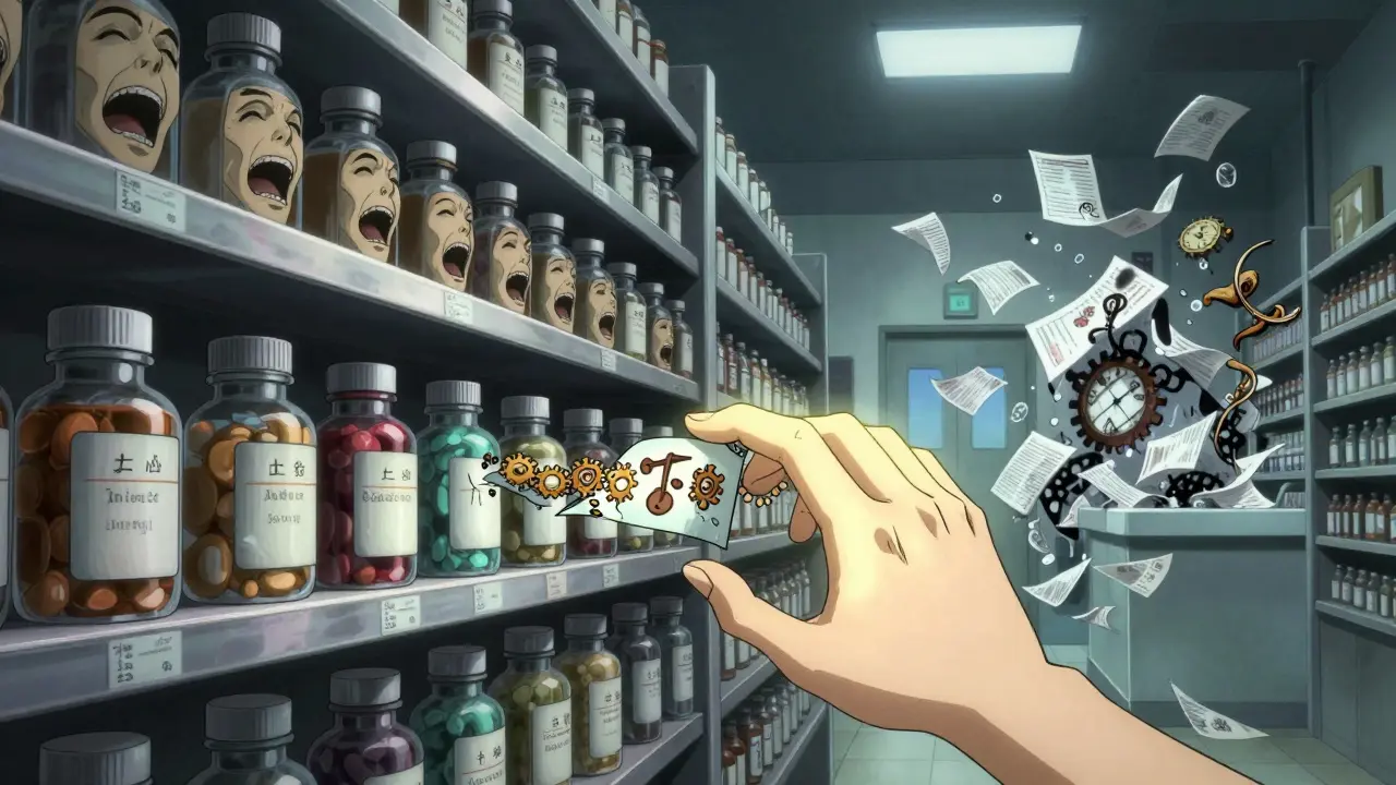 Medicine bottles with human faces screaming, label unraveling into clock gears and symbols.