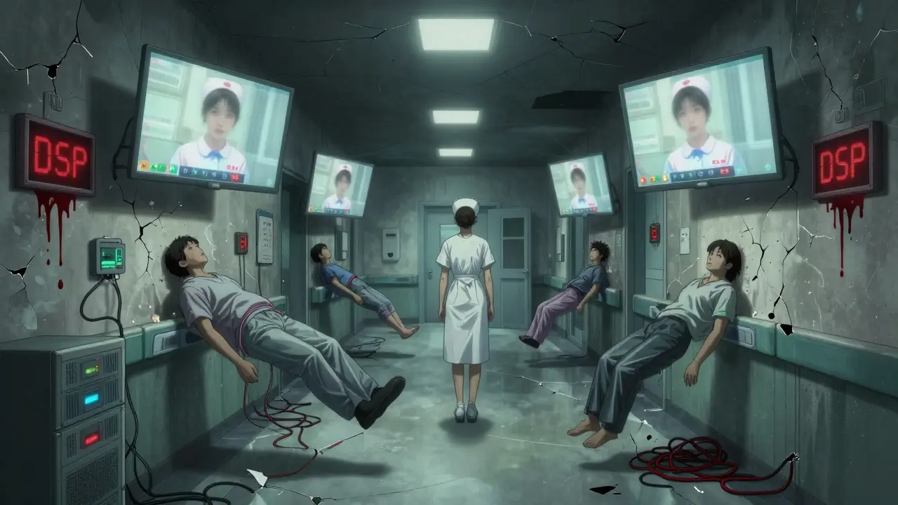 Patients float in a digital void as video calls dissolve their bodies into static and wires.