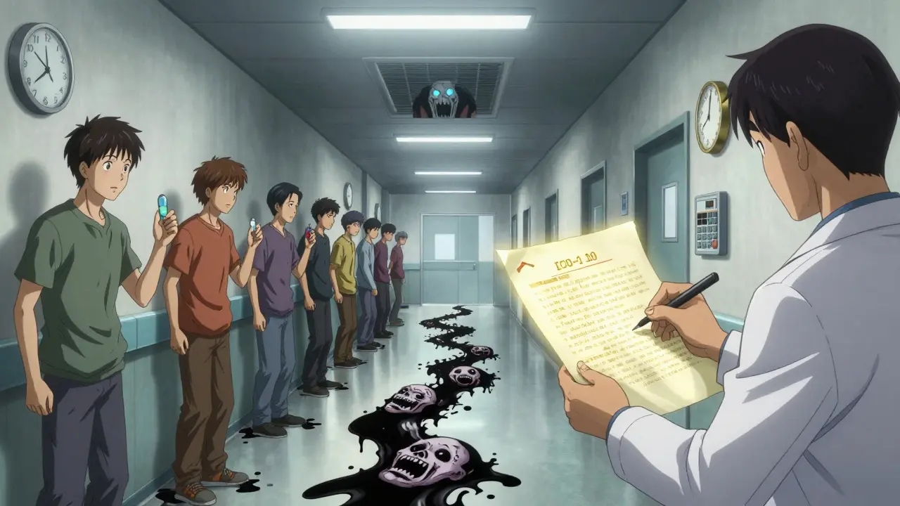 Patients line a hallway as generic pills drip black sludge into screaming faces.