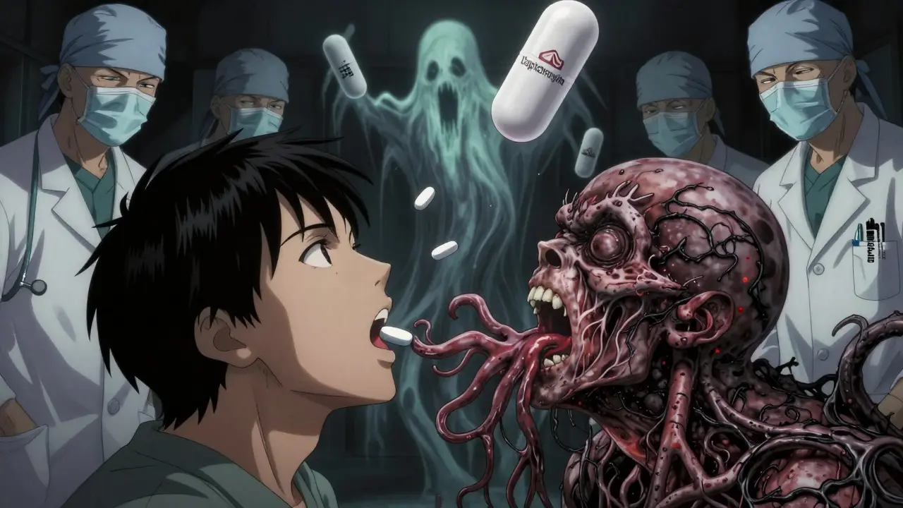 Person swallowing a pill that turns into tentacles, ghostly antibiotics looming behind.