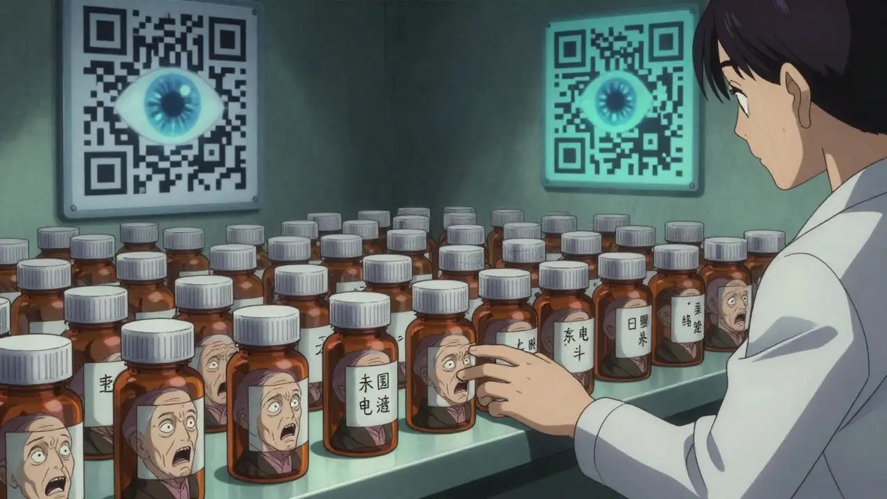 Pharmacist counter filled with screaming pill bottles, one label changing as a caregiver reaches for it.