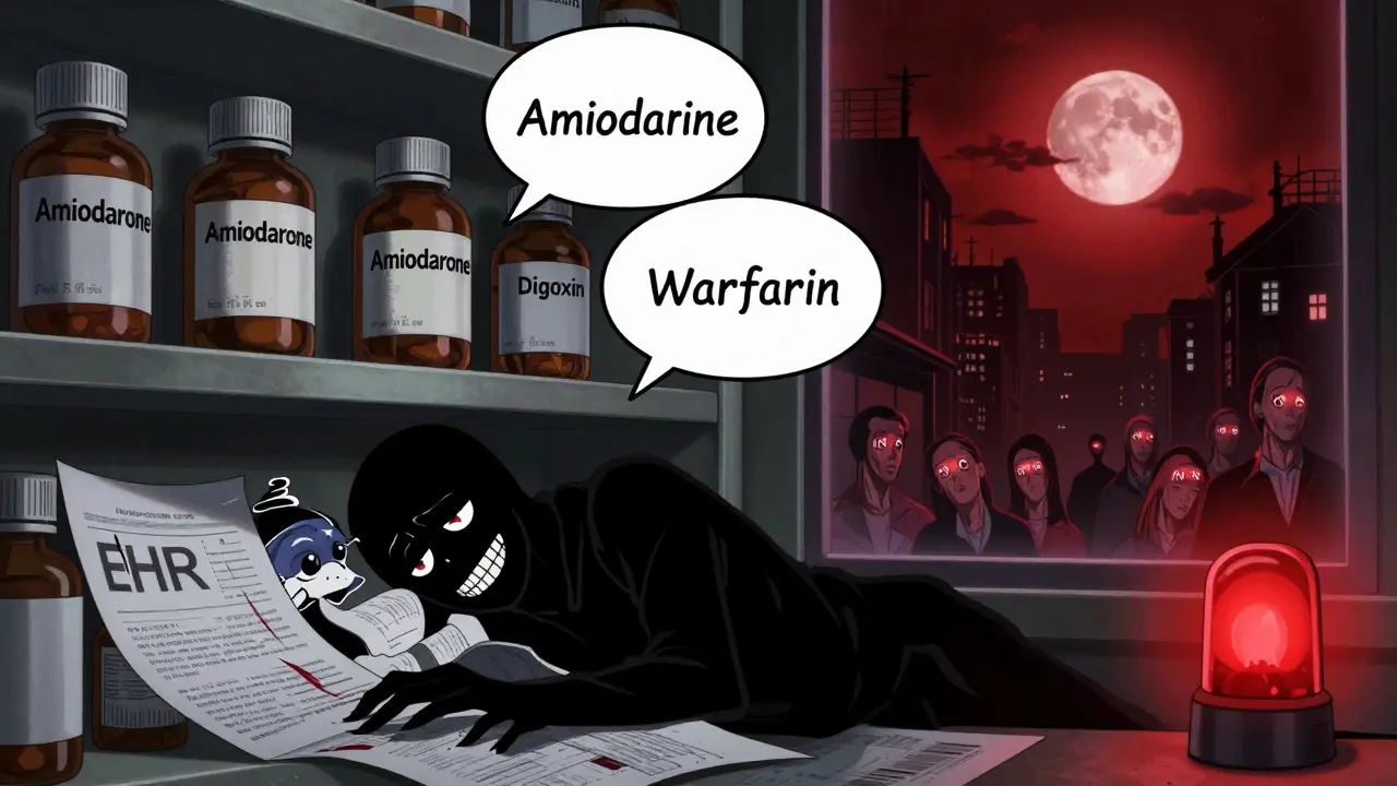 Pharmacy bottles with eyes and teeth whisper as a broken EHR system collapses, moonlight casts red glow over sleepwalking patients.