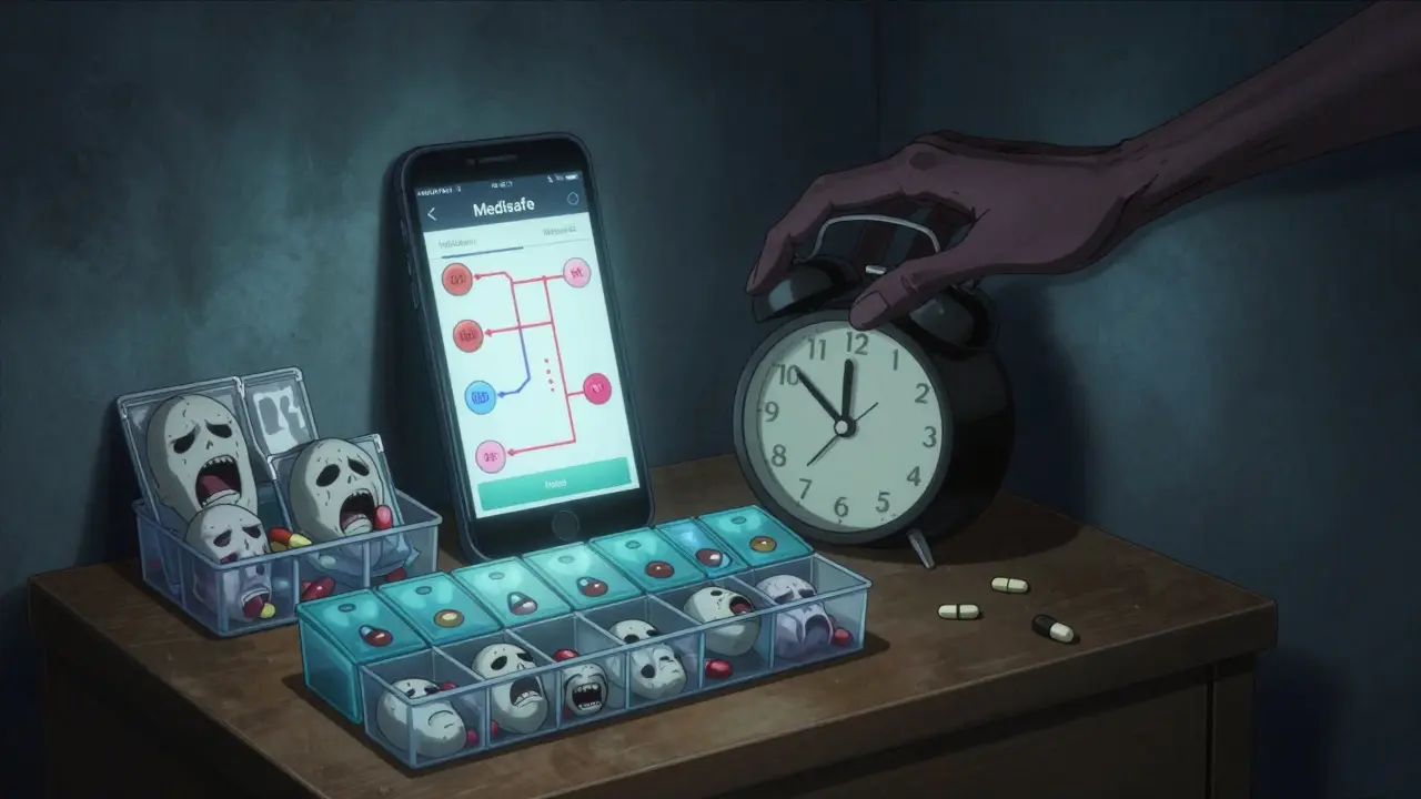 Pill organizers with screaming faces, smartphone app showing dangerous drug interactions.