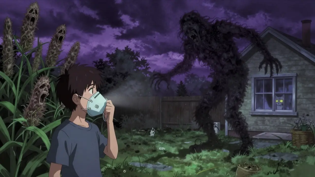 Teenager wearing N95 mask amid pollen clouds shaped like screaming faces during ragweed season.