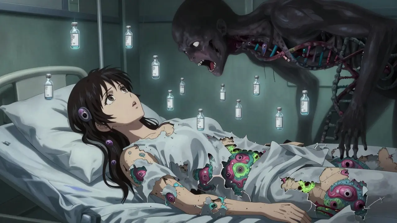 Woman in hospital bed with peeling skin revealing screaming bacteria, surrounded by floating antibiotic vials and a DNA-shaped shadow.