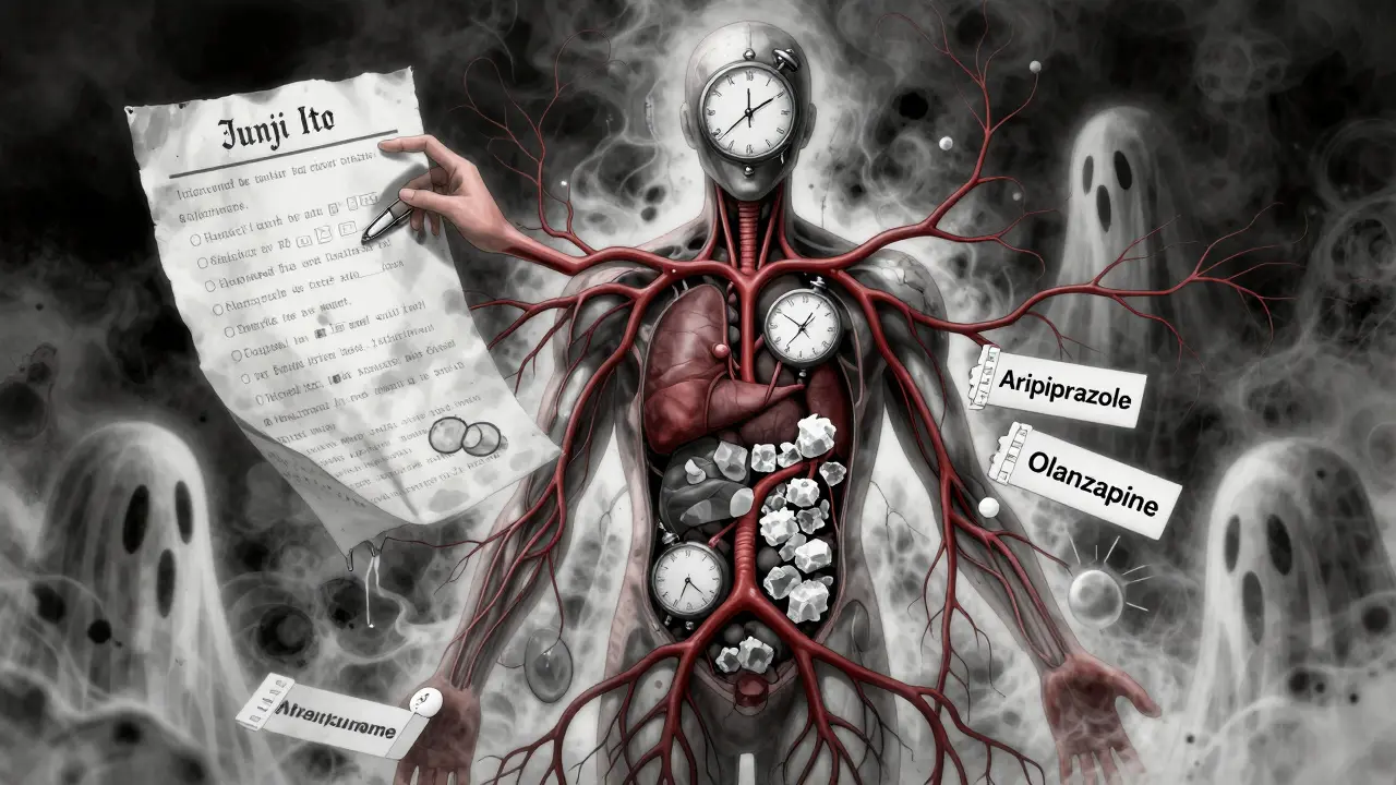A clinical chart with blood vessels turning into clocks and sugar crystals, representing metabolic syndrome from psychotropic drugs.