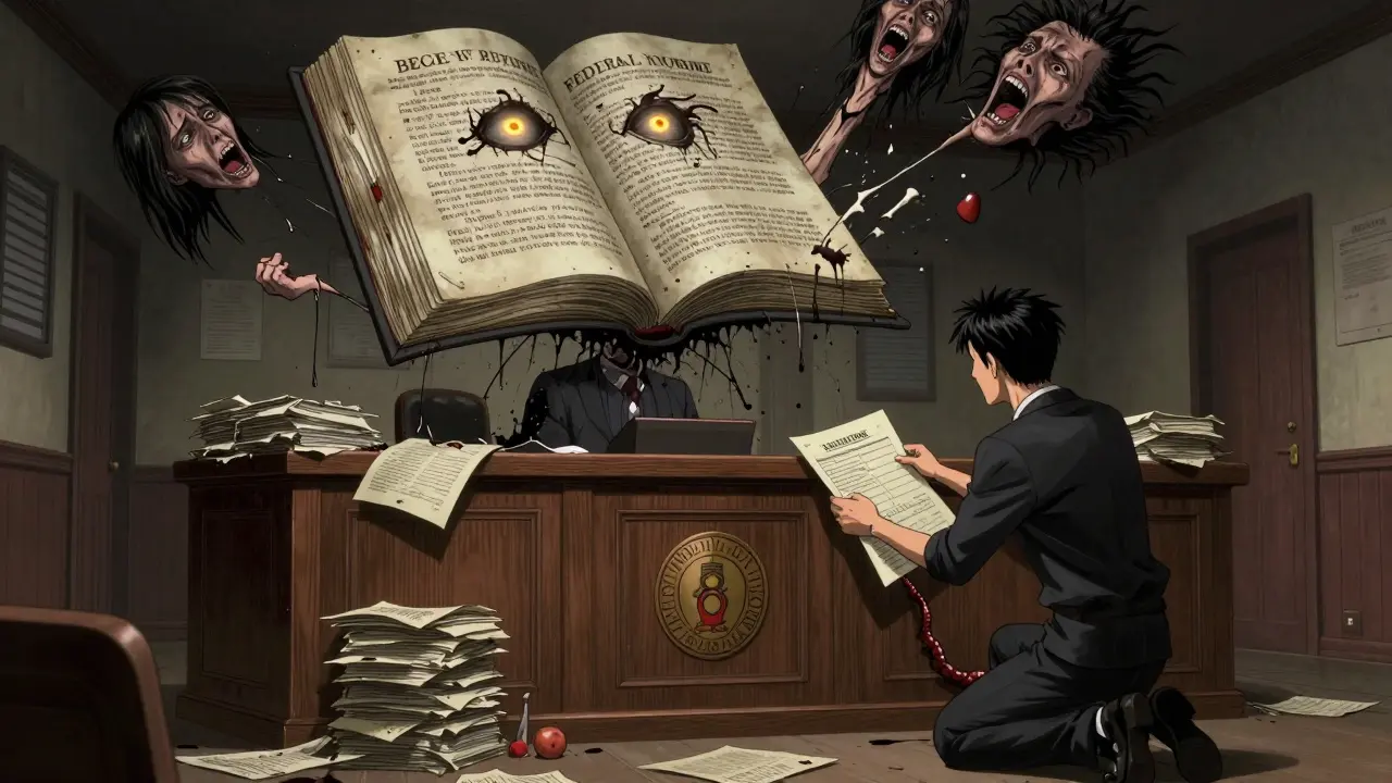 A courtroom with a judge's bench made of decaying state forms, overshadowed by a monstrous federal rulebook with glowing eyes and screaming faces.