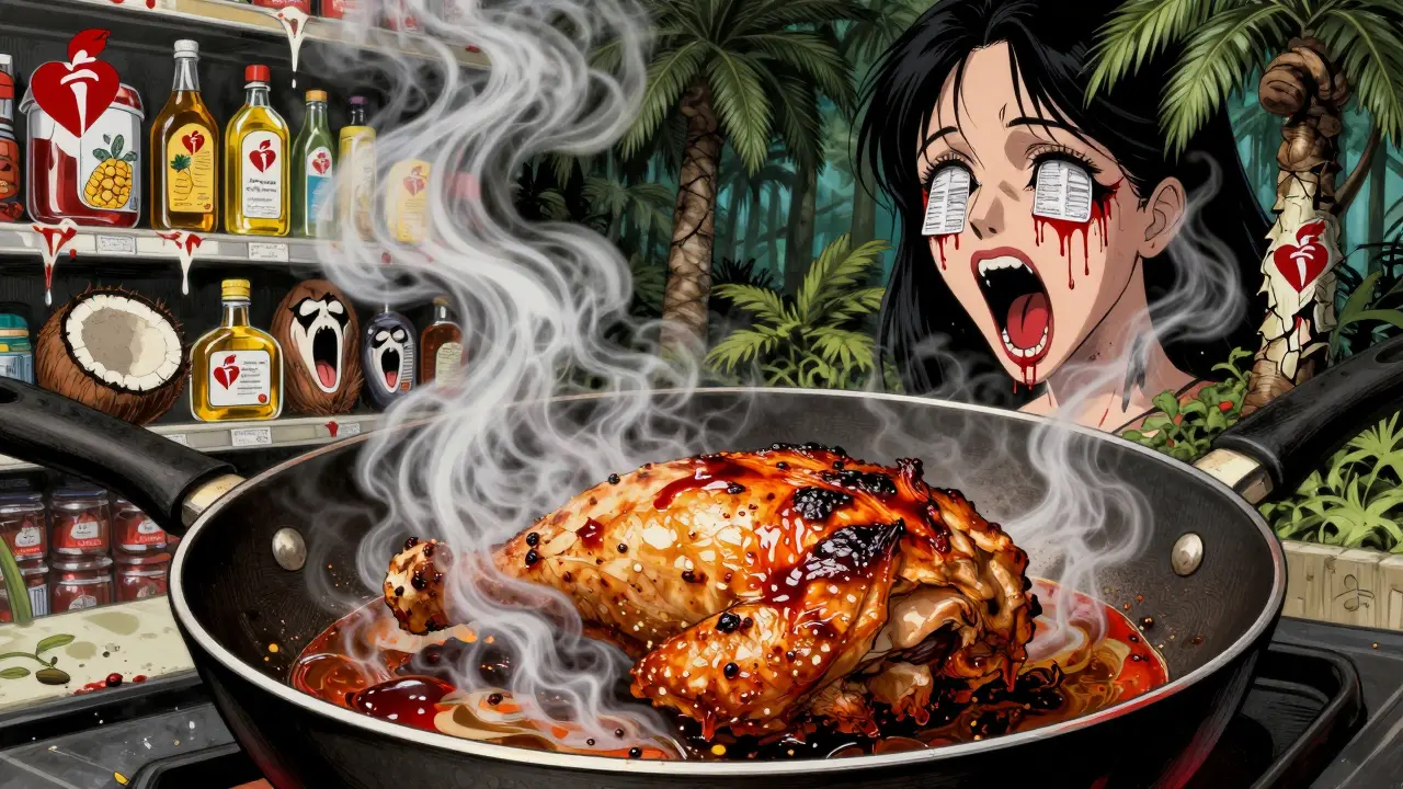 A frying pan with smoke forming screaming faces, reflecting a woman's distorted face with bleeding nutrition labels.