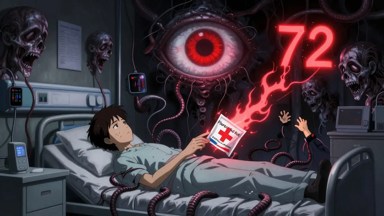 A hospital room turned nightmare with AI eye predicting flares, while a patient clutches a first aid kit, in Junji Ito horror style.