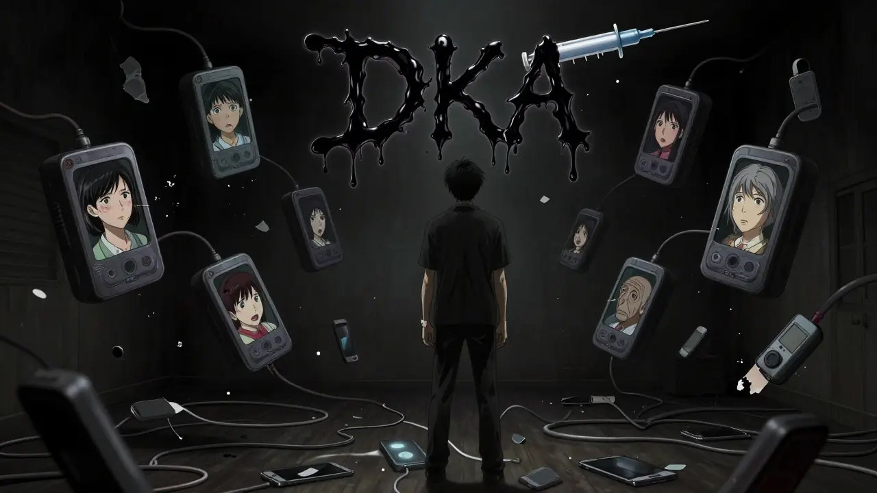 A lone figure stands amid shattered glucose sensors and a hovering insulin needle dripping black text that spells 'DKA' in organic script.
