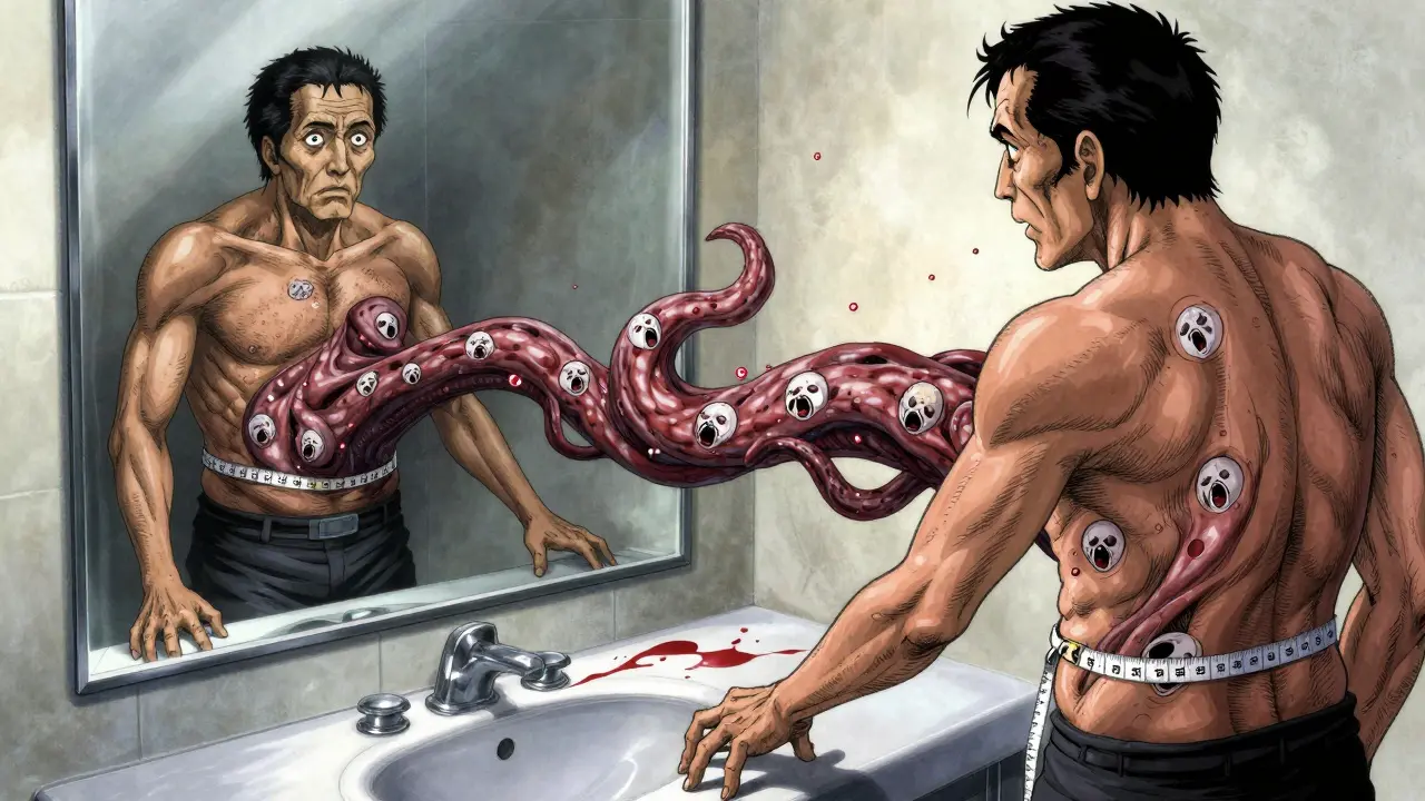 A man's reflection showing his waist as a serpentine mass of screaming fat particles, in haunting manga style.