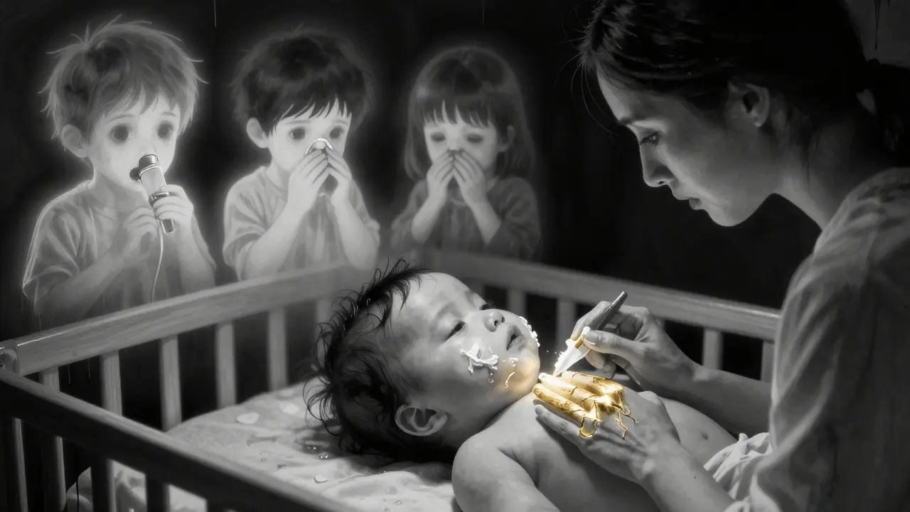 A mother moisturizes her baby's skin as ghostly allergy symptoms fade away, illuminated by healing golden cream.
