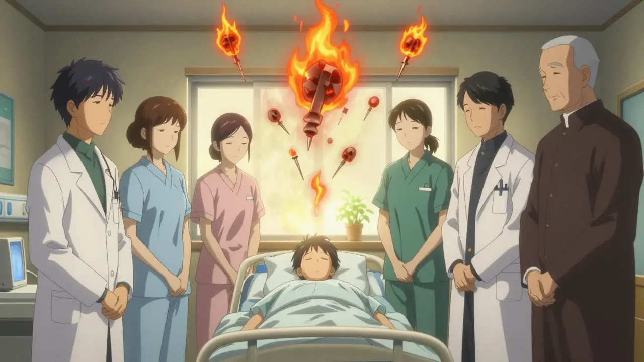 A palliative care team surrounds a patient as ghostly pain symbols dissolve into light beside a hopeful plant.