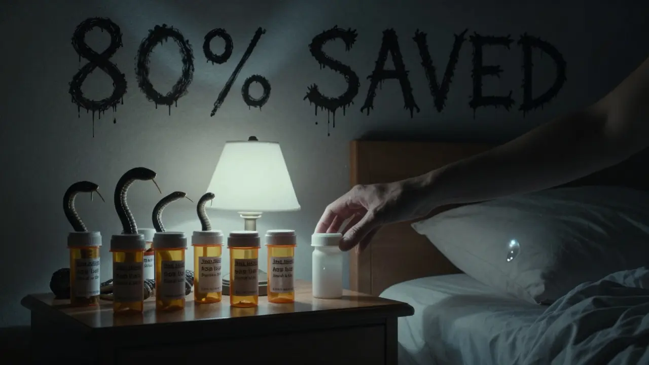 A patient replaces a branded pill bottle with a generic one at night, as pill labels twist like serpents and the words '80% SAVED' drip from the ceiling.