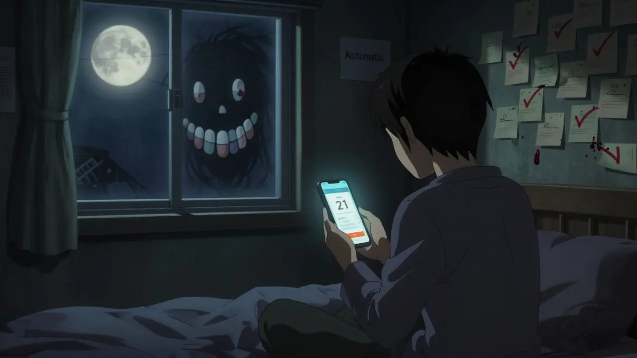 A person staring at a medication app streak, with a monstrous face formed from pills and blood-red checkmarks on the wall.