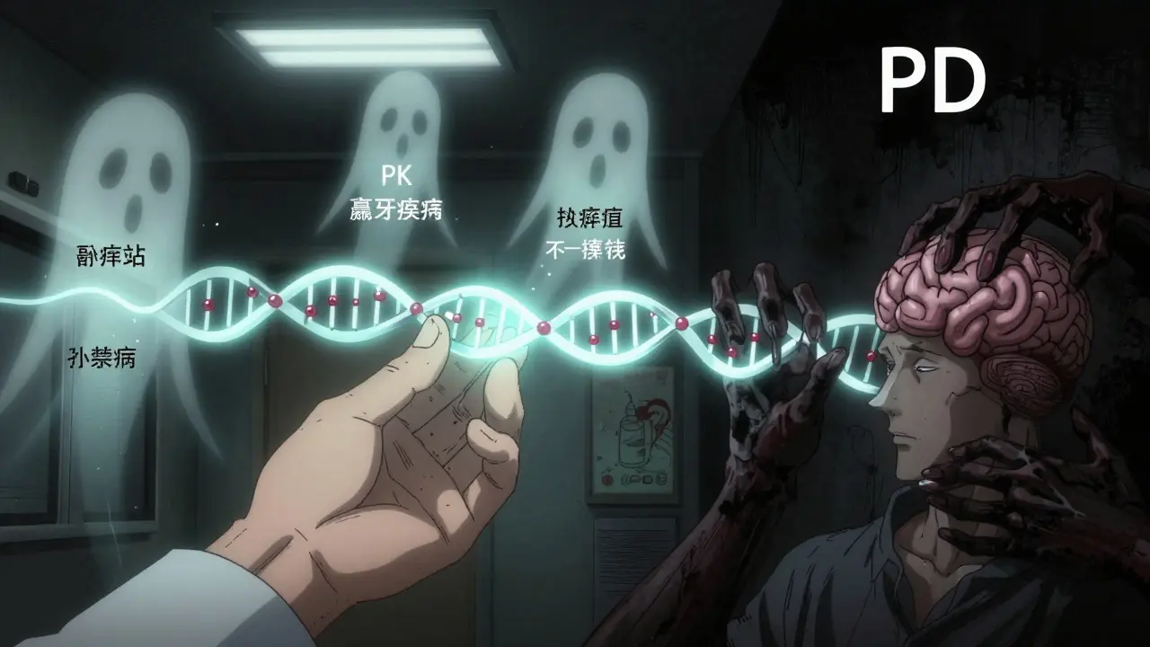 A pharmacist holding a DNA strand splitting into PK and PD pathways, surrounded by ghostly patients in a chilling medical horror scene.