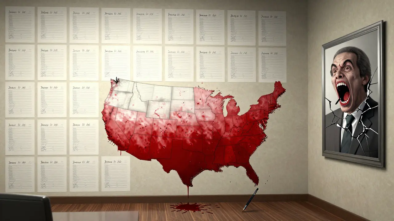 A wall of identical substitution forms, each signature twisted into a screaming mouth, with blood forming a map of federal districts on the floor.