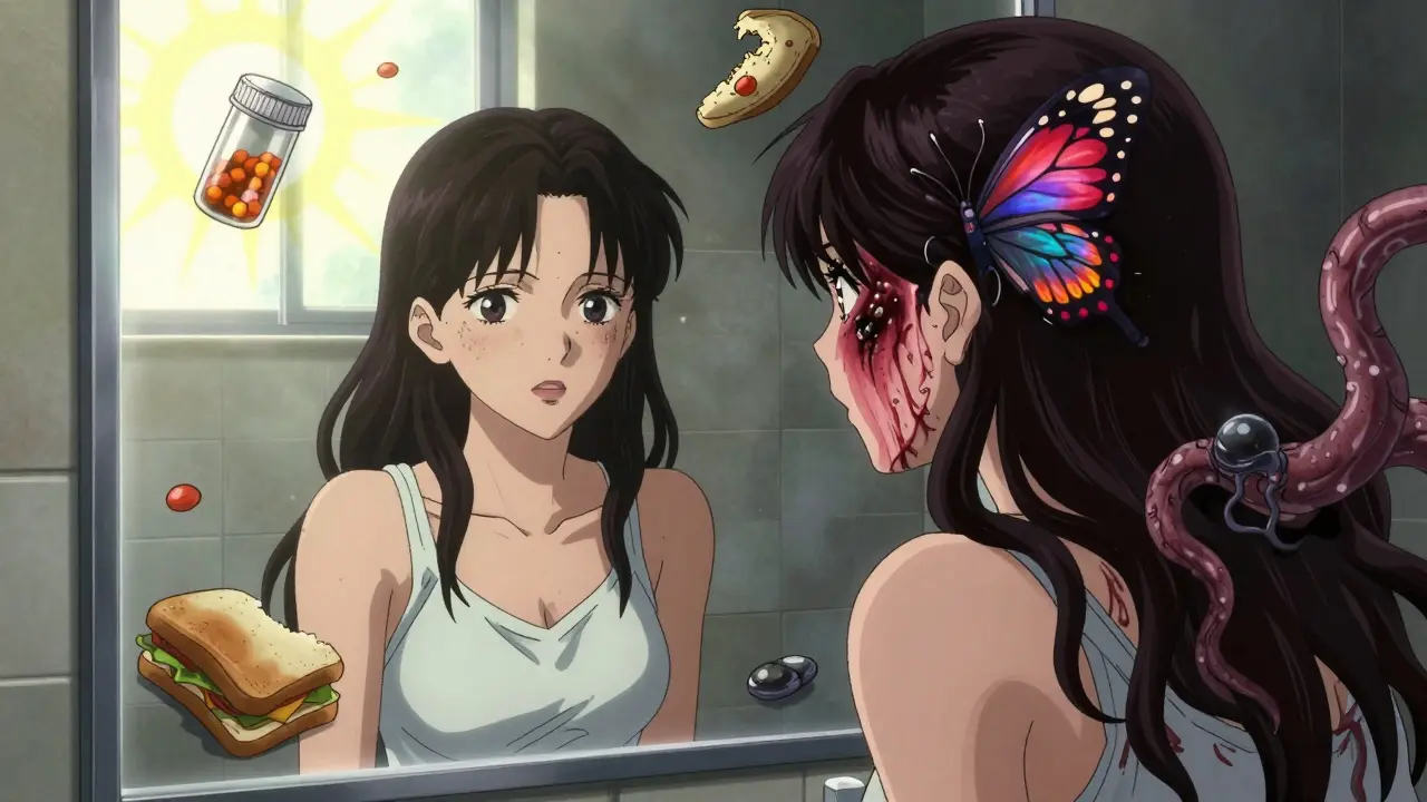 A woman's reflection shows a creeping lupus rash as parasitic entities feed on her immune system, in Junji Ito horror style.