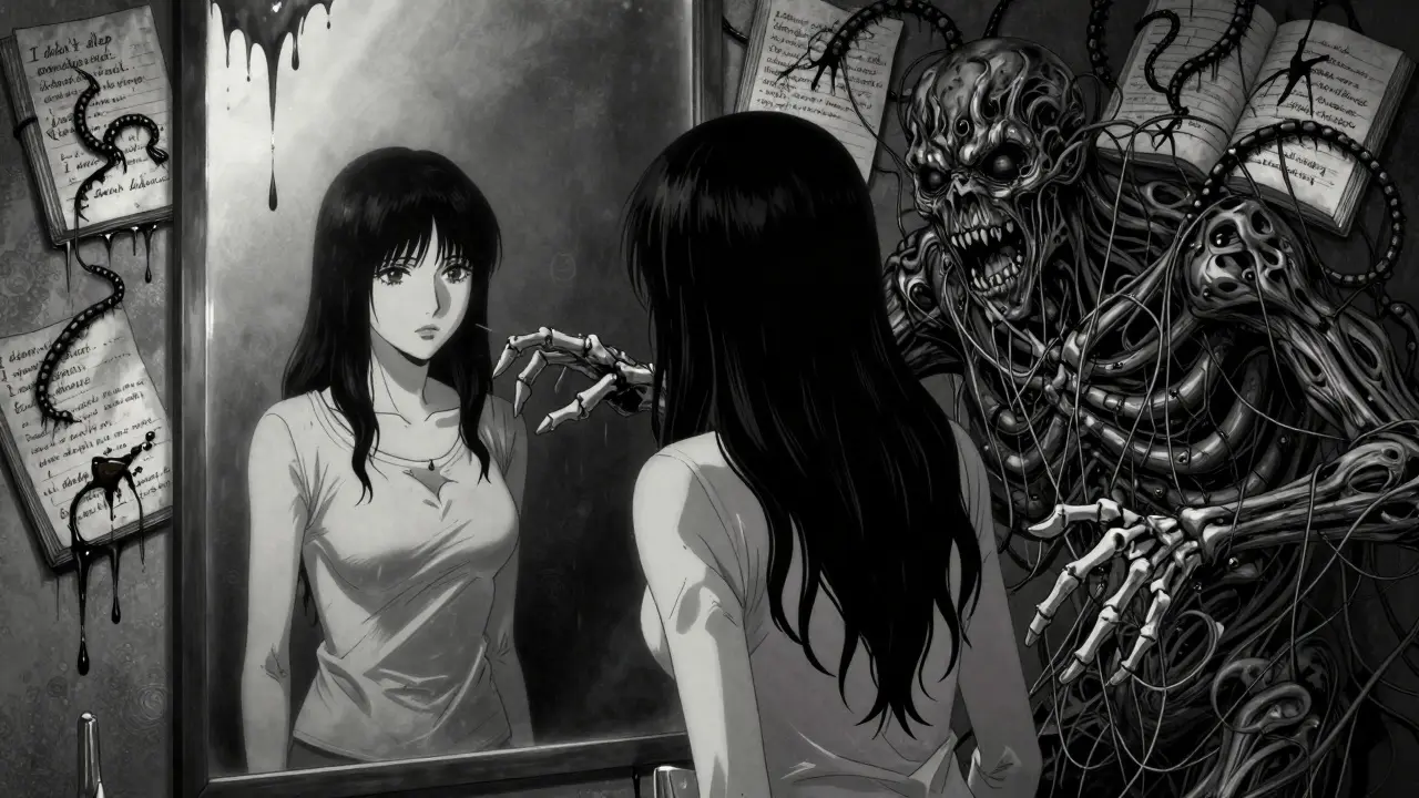 A woman confronting a monstrous reflection made of stress, sleep deprivation, and coffee, surrounded by crawling migraine diaries.