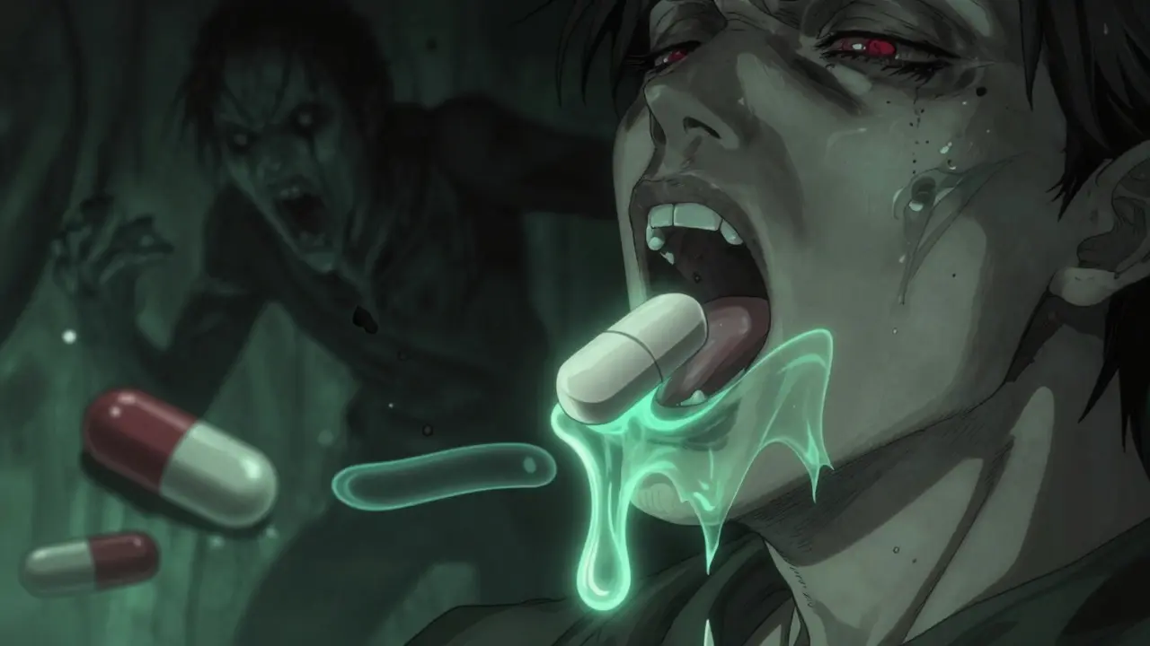 Dissolvable tablet melting with protective glow on tongue