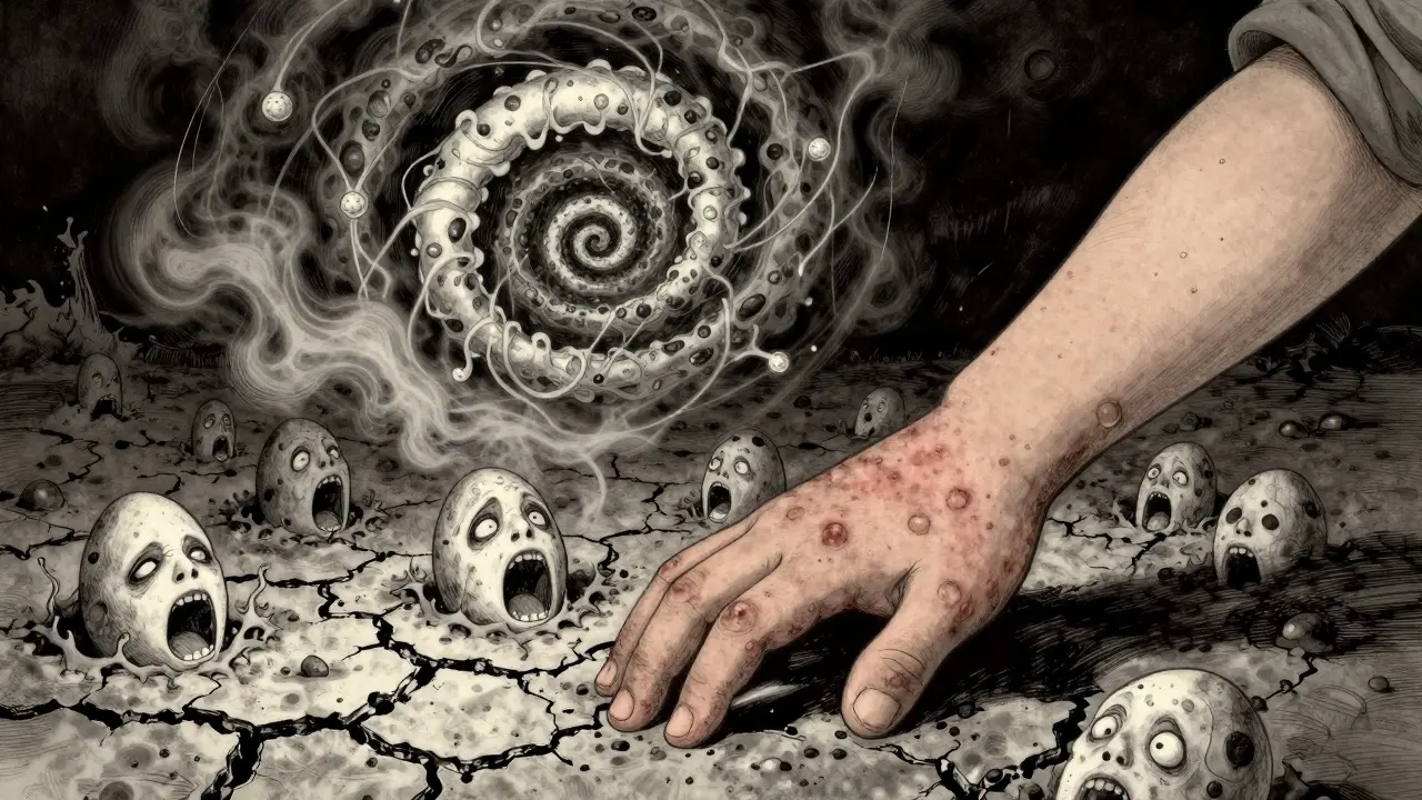 Eczema patches bloom into screaming allergen faces, with a crumbling filaggrin gene totem above, in grotesque ink detail.