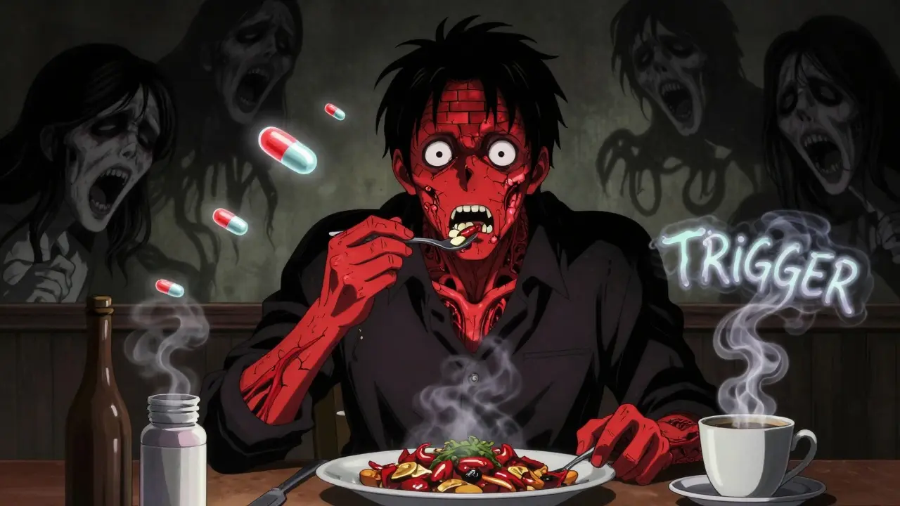 Man with glowing red face at dinner, floating pills and steam forming warning symbols.