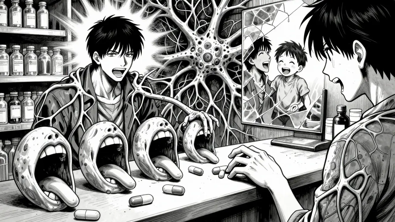 Opioid pills become screaming mouths as veins connect to a neural network, while a mirror shows the patient laughing with a child.