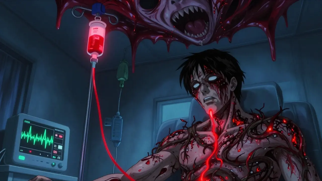 Patient receiving IV drip with red rash spreading across face, medical equipment flickering ominously.