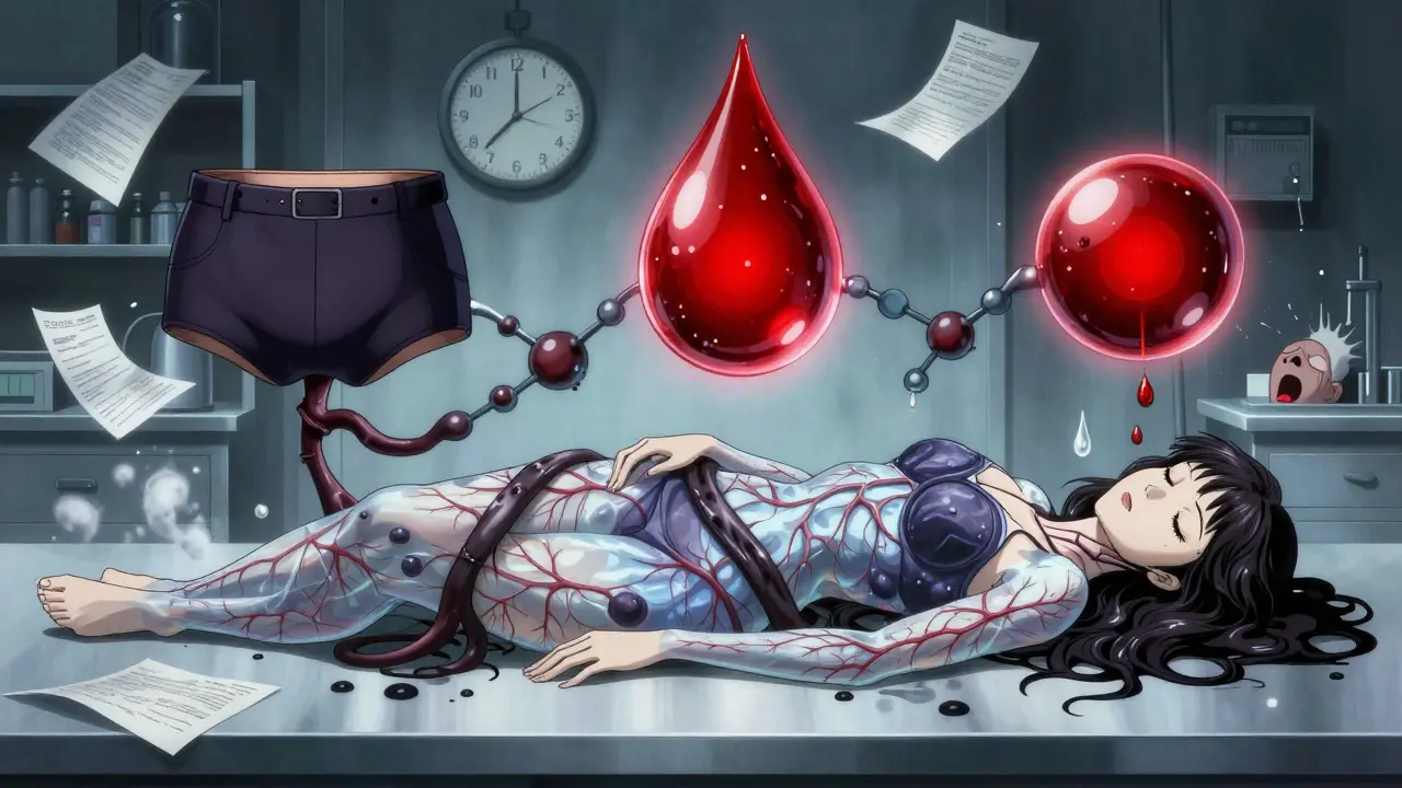 Three monstrous symbols chained around a sleeping woman, her veins turning black as the cycle tightens.