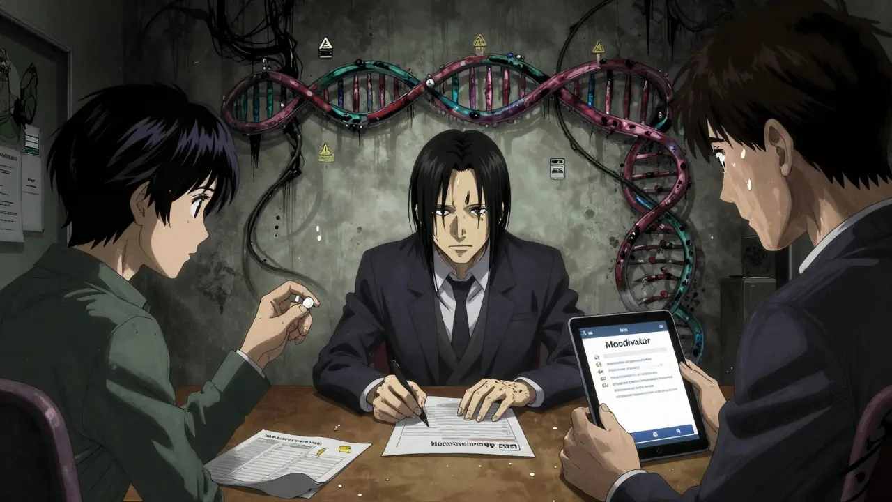 Three people in therapy with a metformin pill, food diary, and Moodivator app, while a living gene strand pulses behind them.