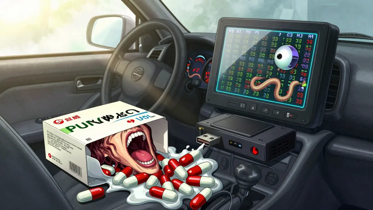 A car interior where melted pills form a screaming face, while a sentient data logger watches.