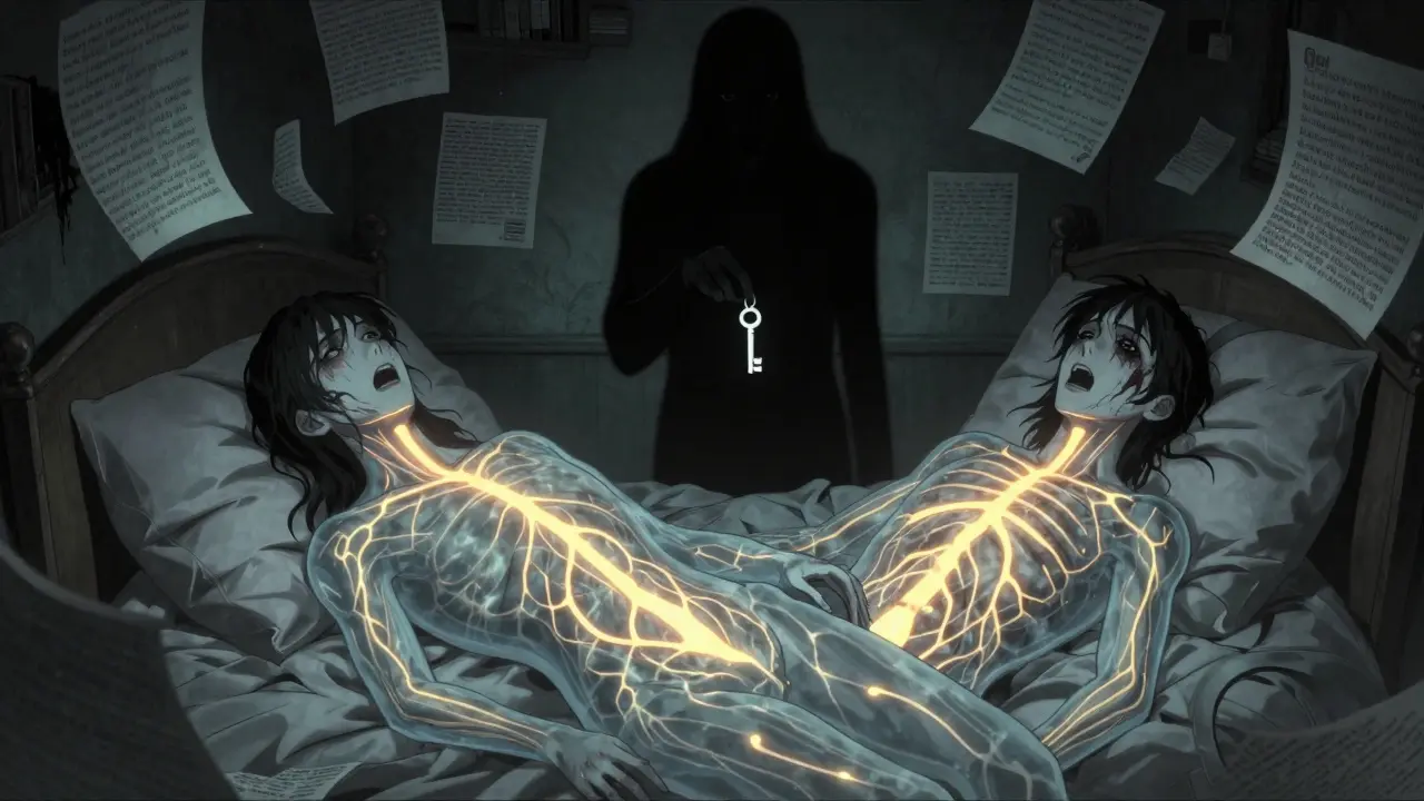 A couple lies in bed, their internal serotonin pathways glowing violently, as a shadowy figure offers a dopamine key between them.