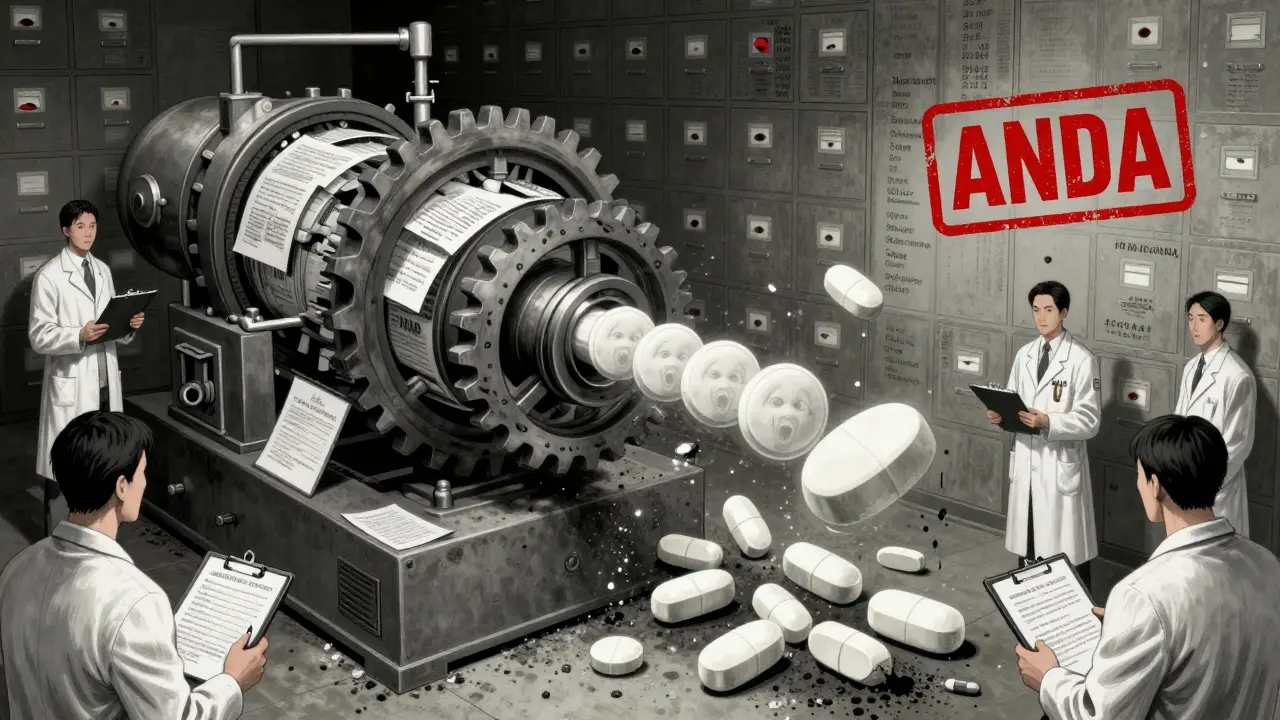 A monstrous FDA inspection machine crushing brand drug logos while pristine generic pills emerge with screaming faces.