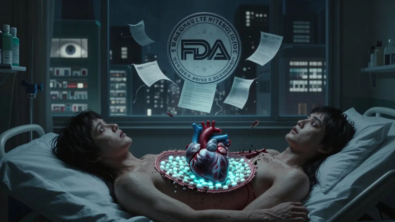 A patient's open chest reveals a heart made of branded and generic pills, with a floating FDA seal above in haunting detail.