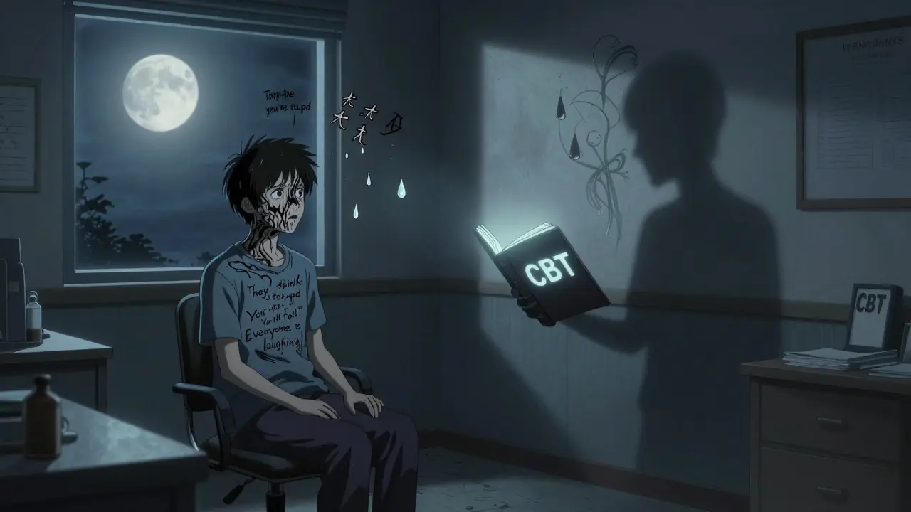 A patient in therapy with a distorted shadow holding a CBT book, dark thoughts swirling around their face.
