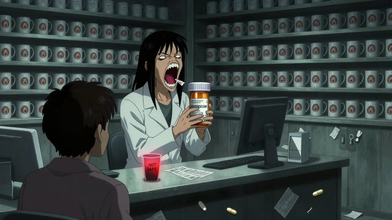 A pharmacist handing a pill bottle with a mouth-shaped cap, surrounded by infinite coffee mugs containing screaming people.
