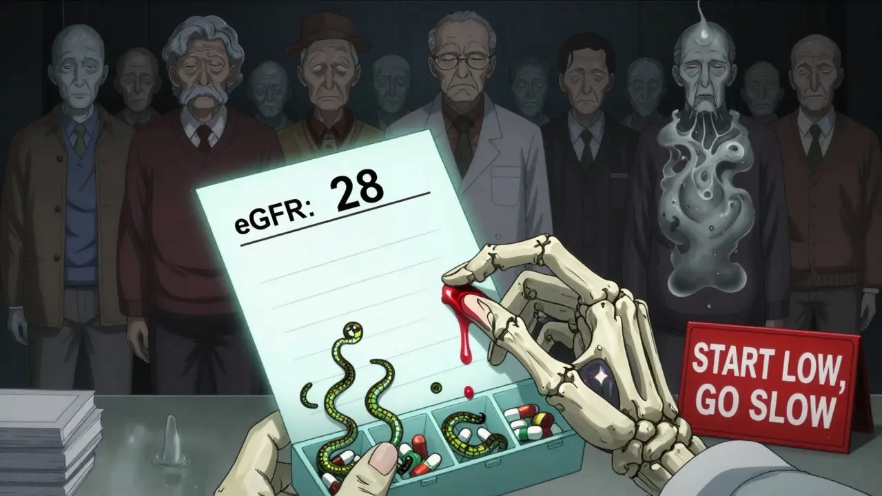 A pharmacist holding a blood test report that transforms into skeletal fingers gripping a pill organizer filled with writhing medications.