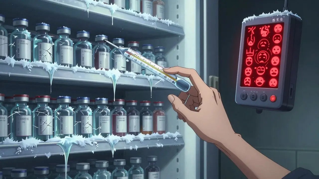 A pharmacy fridge leaking glowing liquid, with a twisted probe and warning glyphs floating nearby.