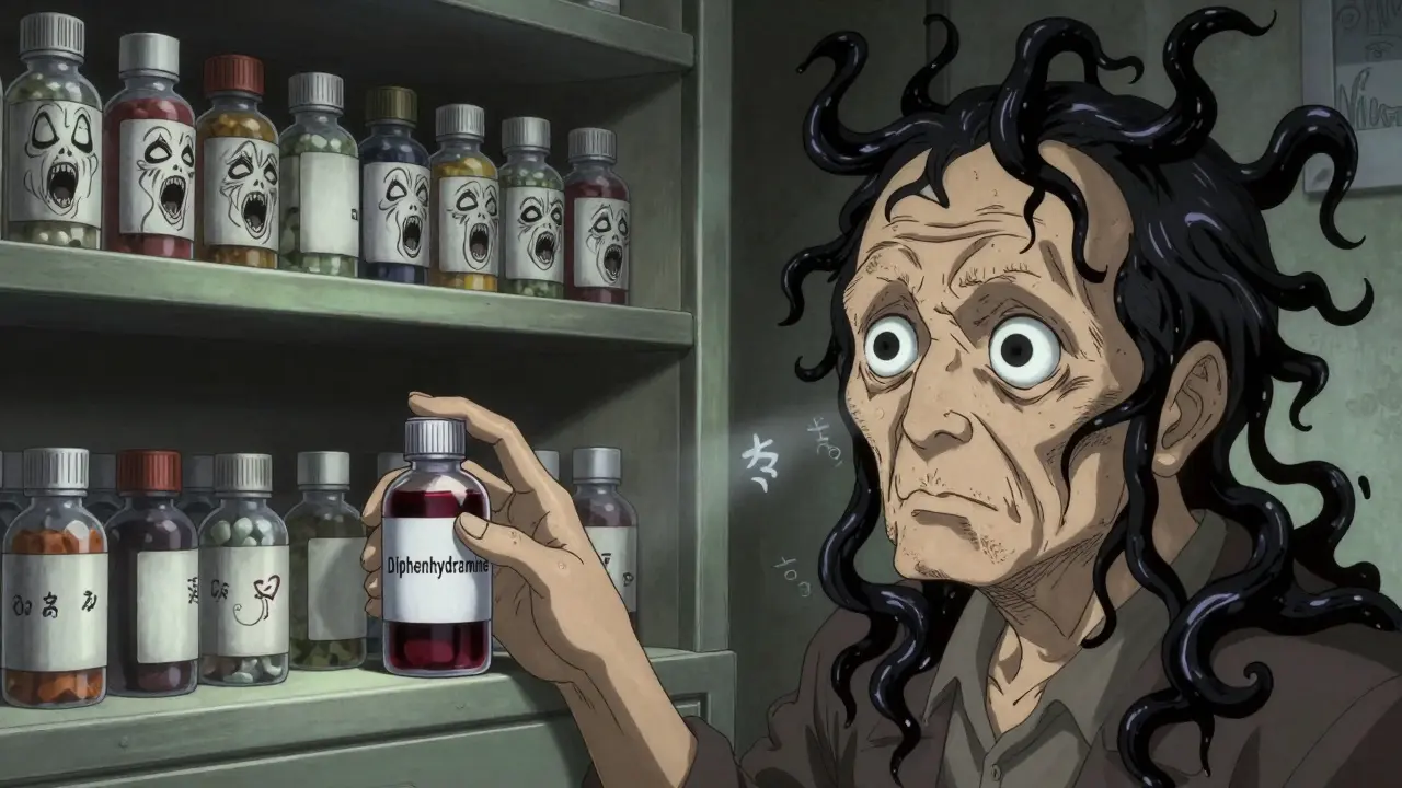 A trembling hand reaching for a medicine bottle whose label twists into screaming faces, with black tendrils wrapping around an elderly man's head.