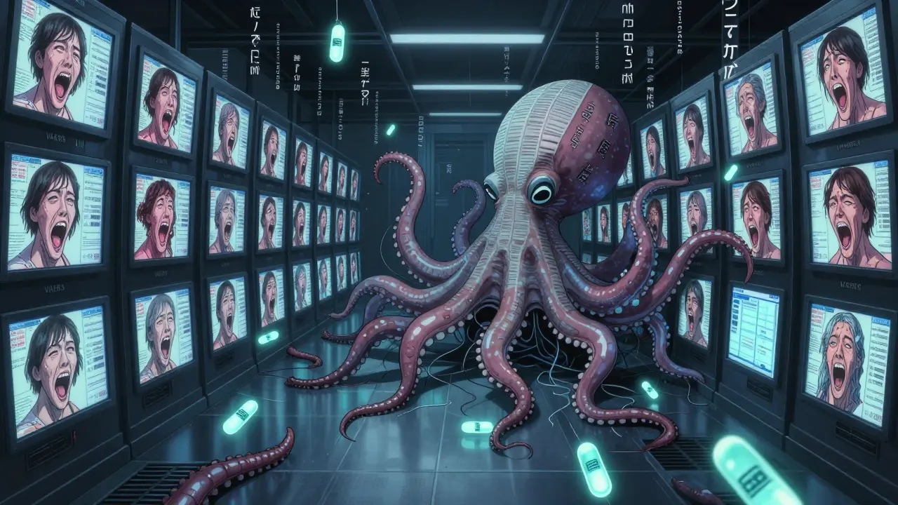 A vast data center where floating patient faces scream as lipid nanoparticles form a monstrous octopus made of medical records.