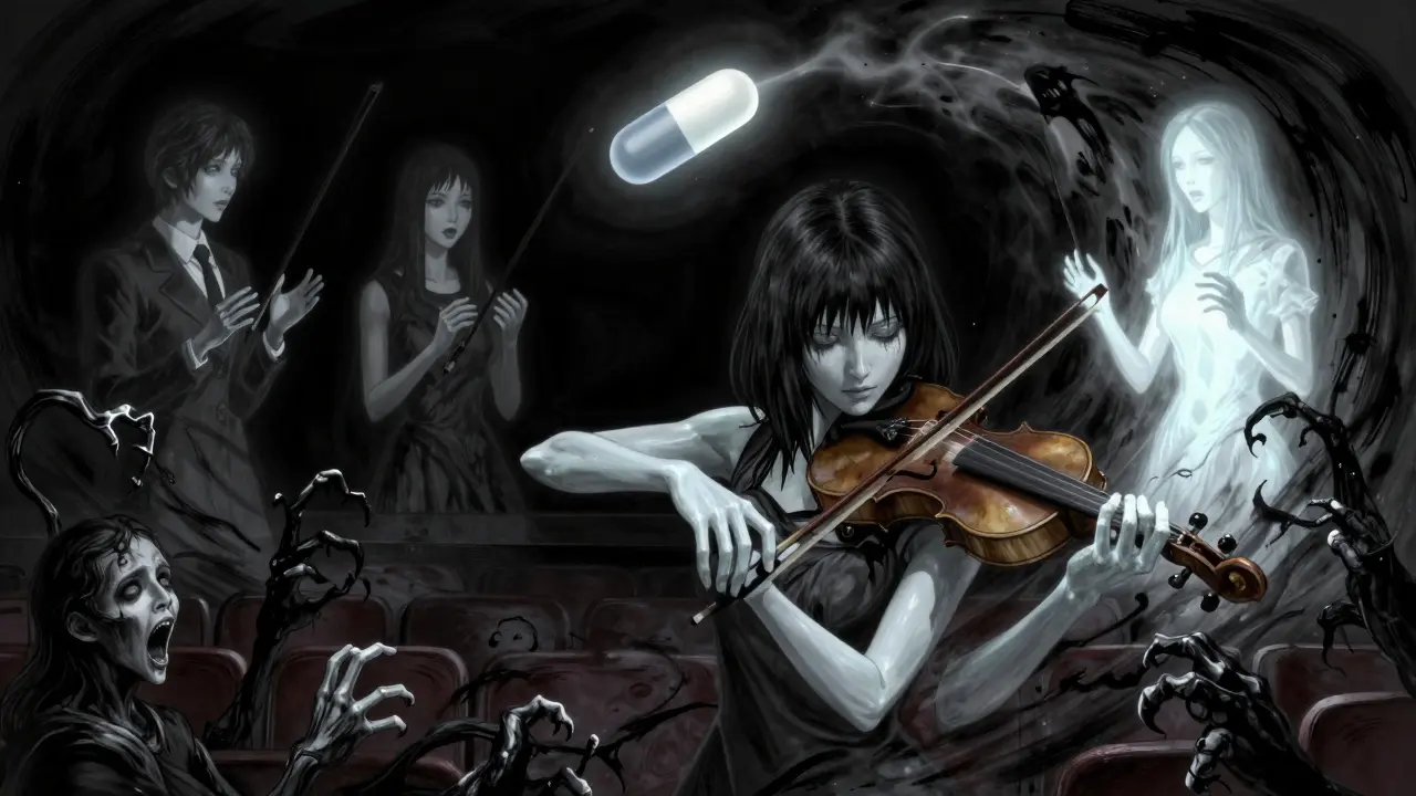 A violinist on stage with still hands, a protective pill above her, while ghostly failed auditions fade behind.