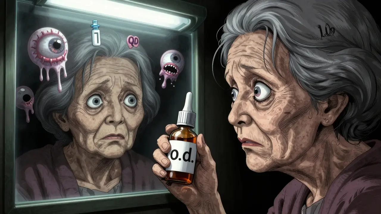 A woman terrified as 'o.d.' on an eye drop bottle transforms into crawling eyes, with one eye missing in reflection.