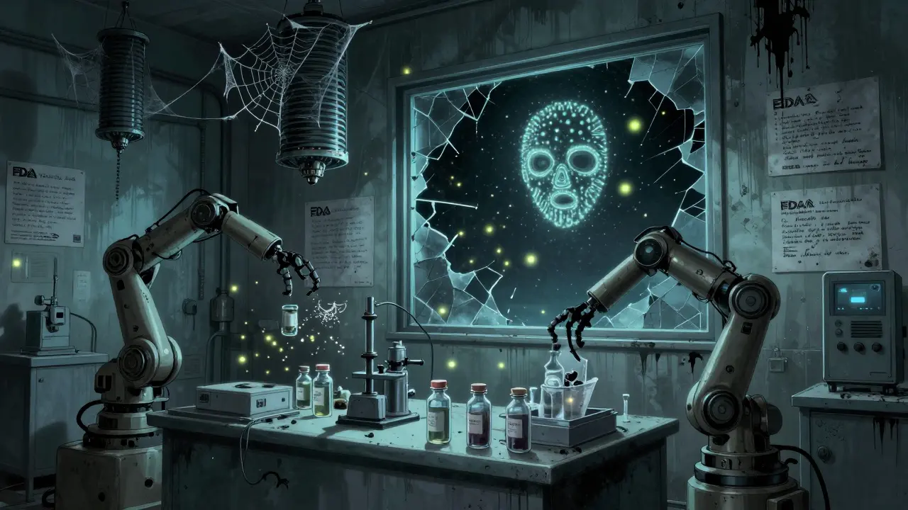 An abandoned sterile facility with broken robots and glowing microbial particles forming a patient's haunting face on the wall.