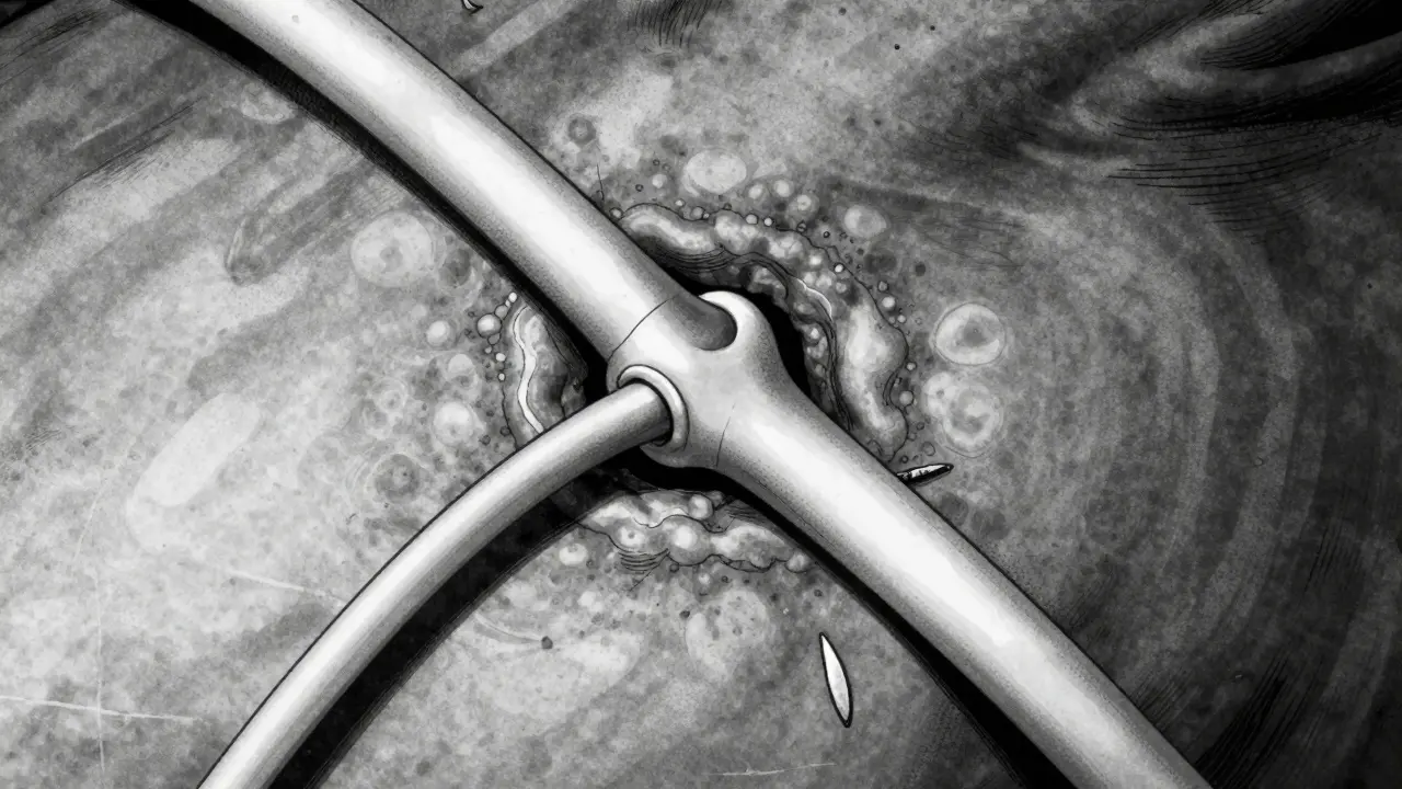 Black and white art of a synthetic vascular graft under skin surface.