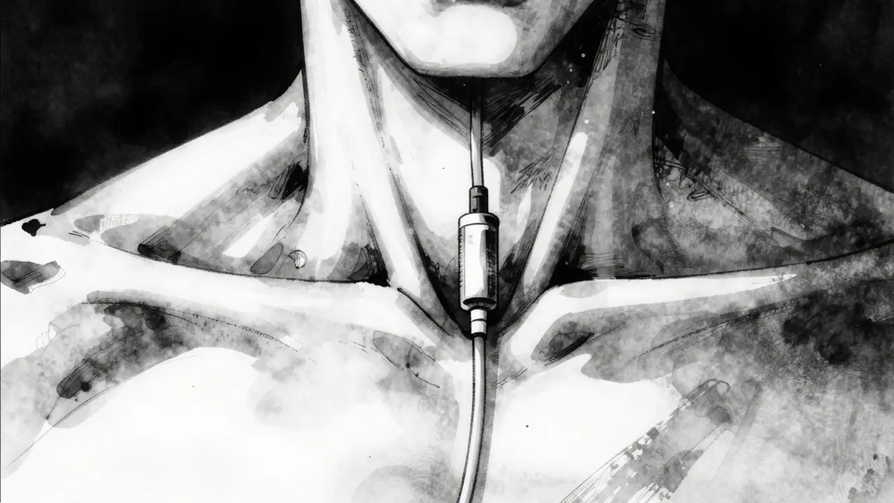 Dark manga style depiction of a neck catheter with heavy shadows.