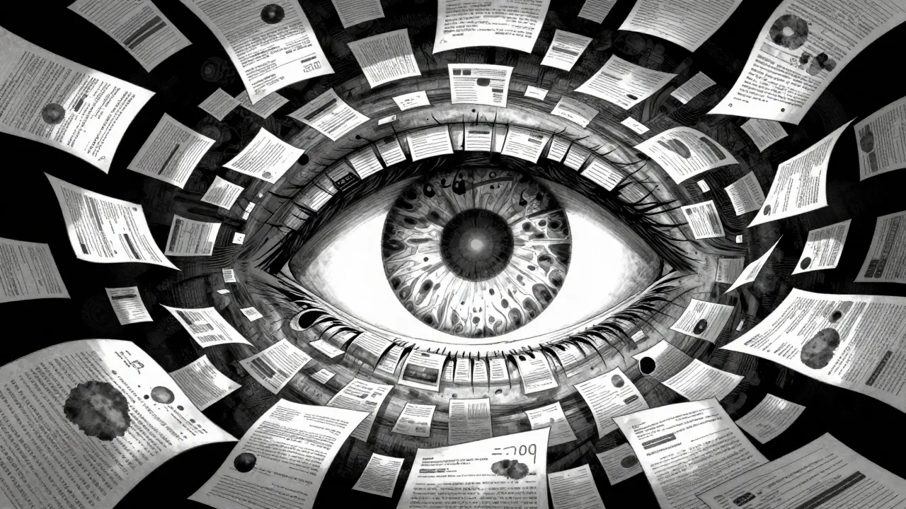 Floating papers forming a large eye shape from data points.