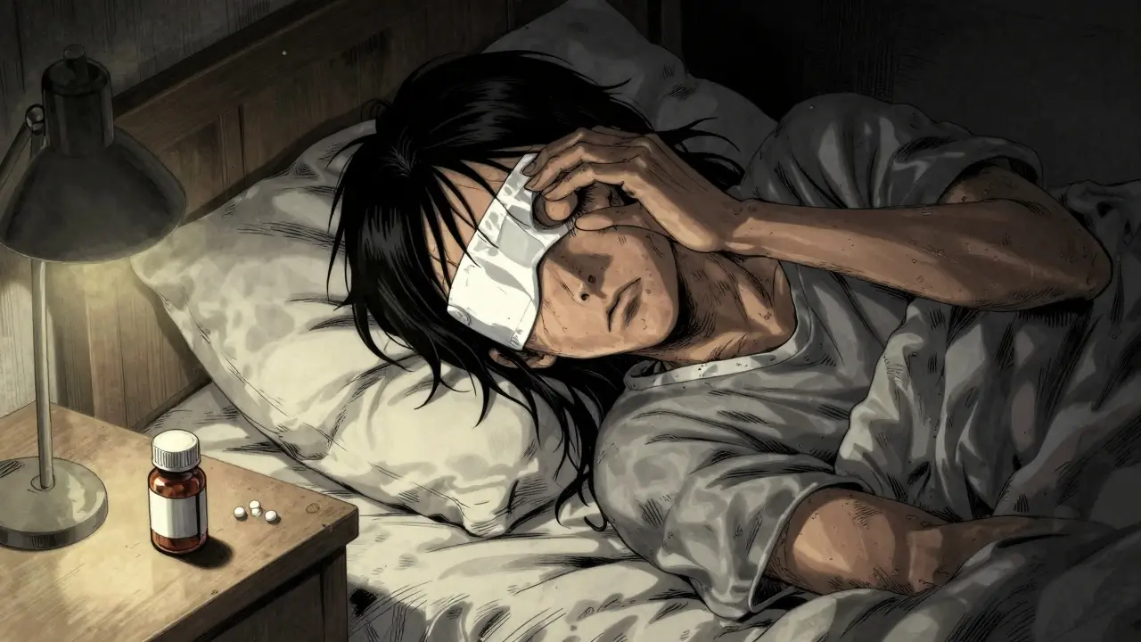 Patient sleeping with one eye taped shut for protection at night.