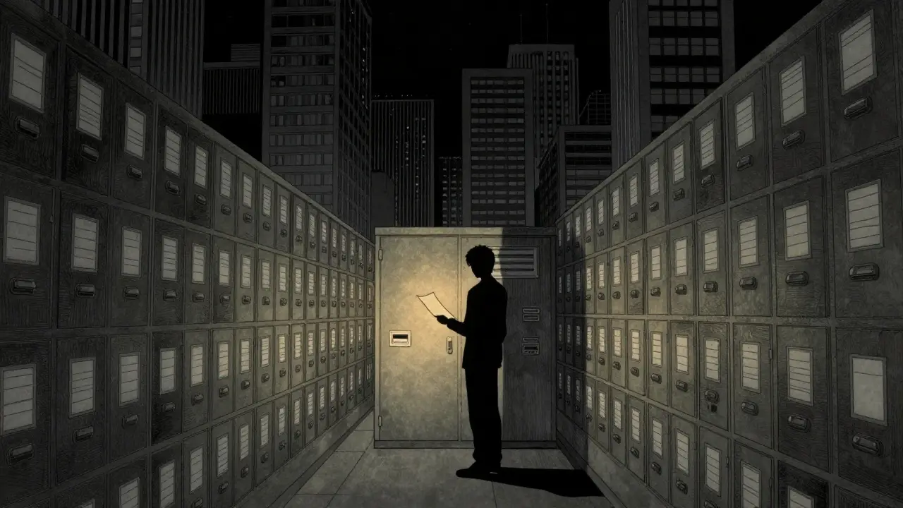 Small figure facing a massive wall of filing cabinets.