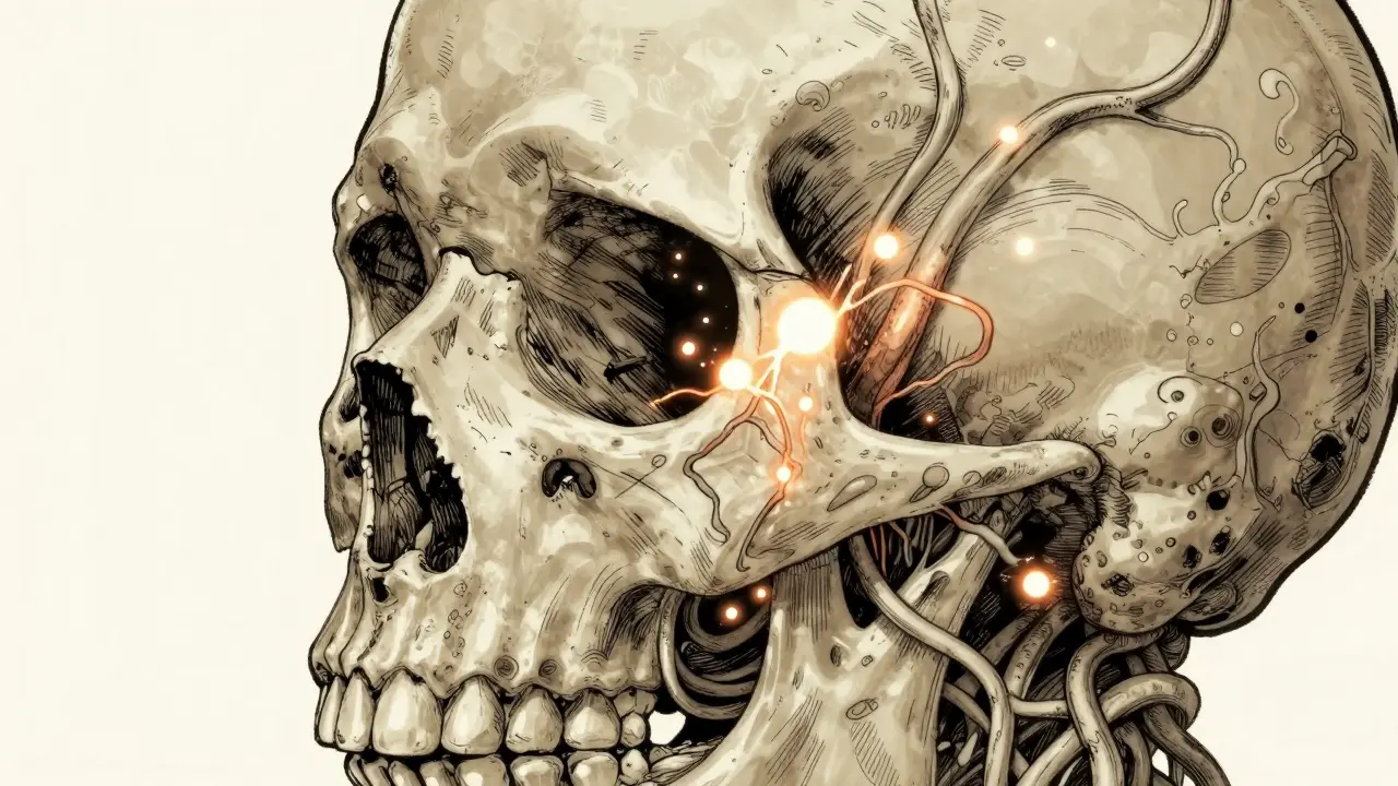 Stylized anatomical drawing of inflamed facial nerve shrinking with medicine.