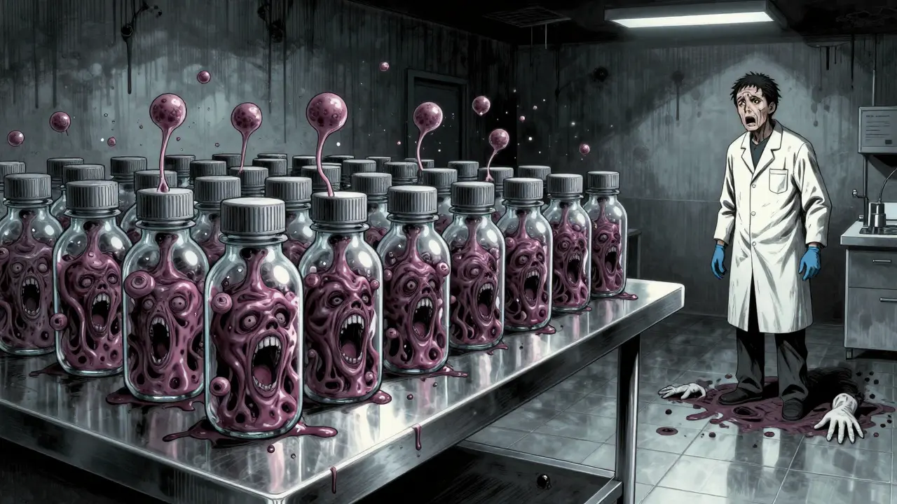 Thousands of vials oozing grotesque bacterial growths that form screaming faces, with a horrified worker staring in disbelief.